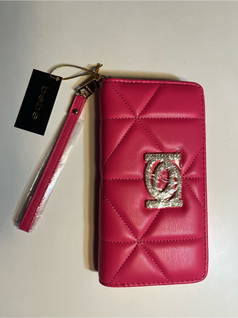 bebe Pink Quilted Wristlet Wallet with Crystal Logo NWT